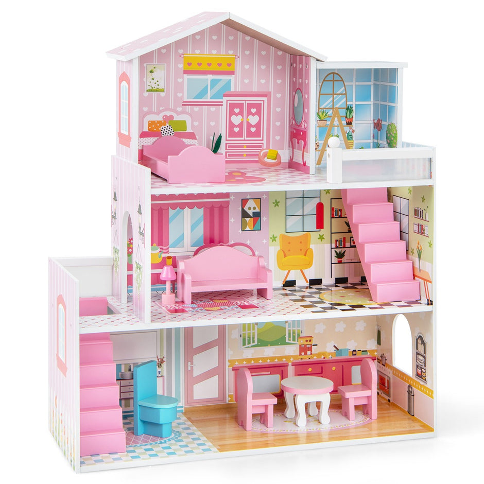 Dockhus – i trä med våningar och möbler rum Dollhouse Dream Pink – 3 10 5 – Rosa
