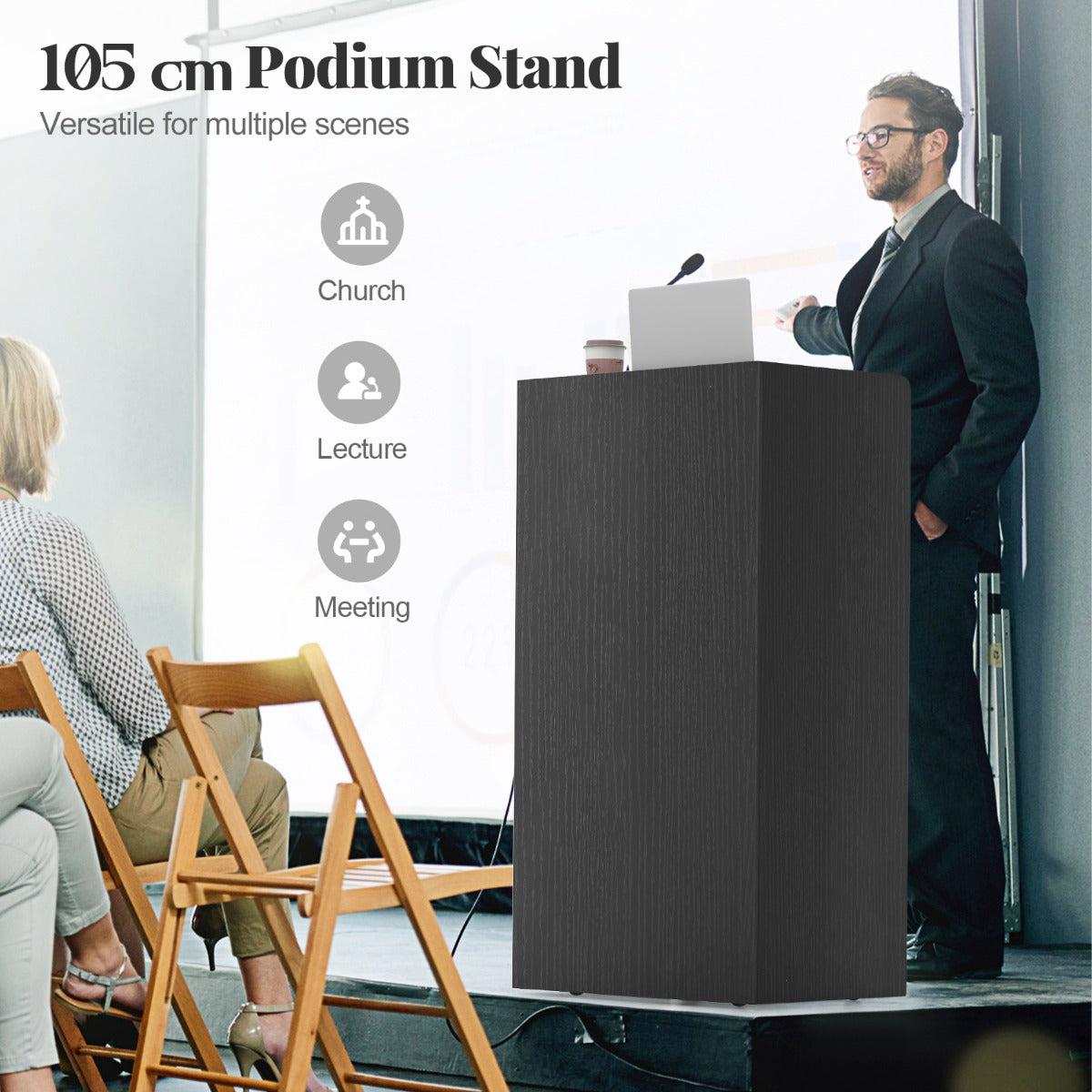 Rullande – talarstolpe med förvaringsfack podiestativ universallhjul – 2 4 57,5 x 37 x 105 cm – Svart