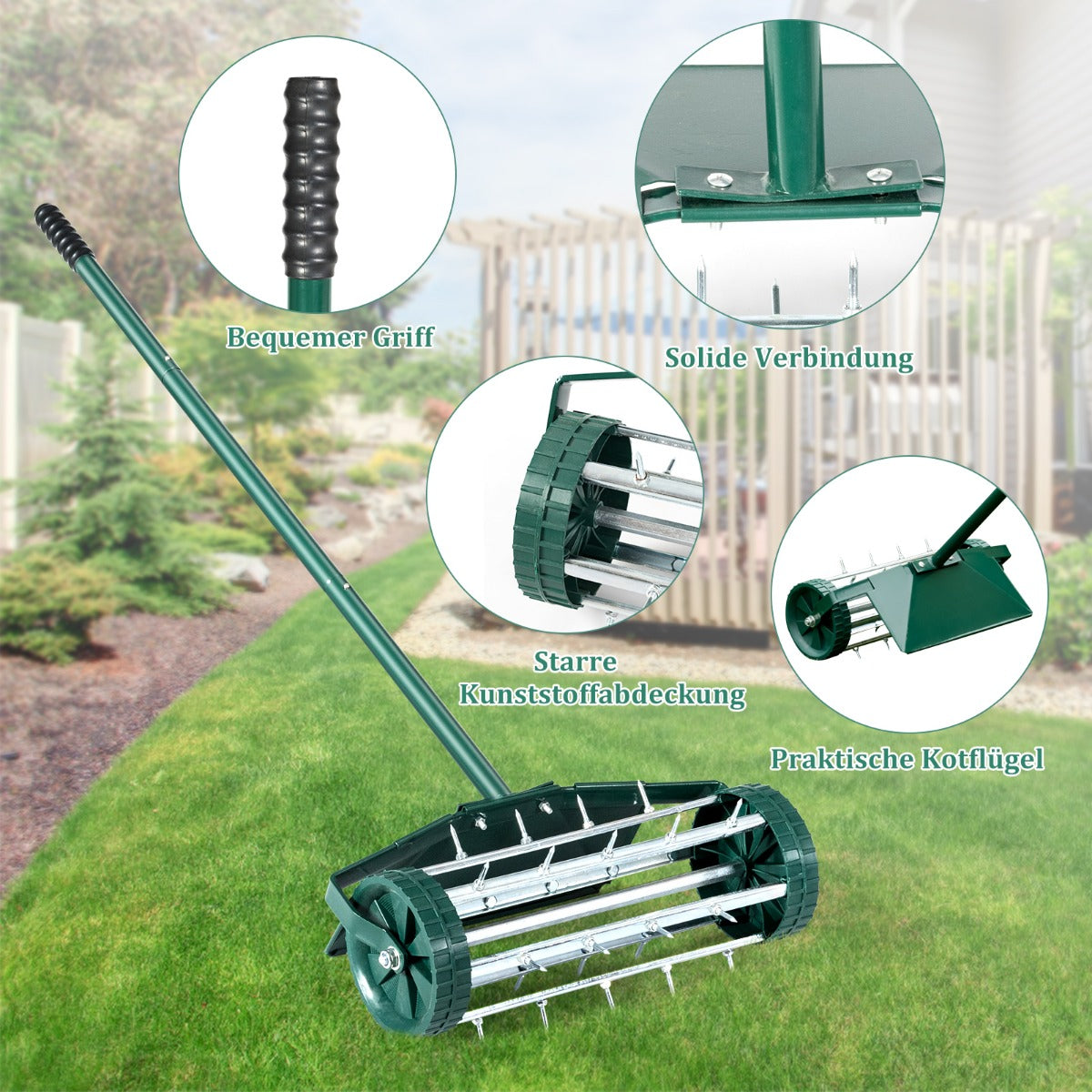Gräsluftare – Roller Gräsmattrulle med handtag och spik stänkskydd mörkgrön – 3 cm 46 x 23 x 127 cm – Grön
