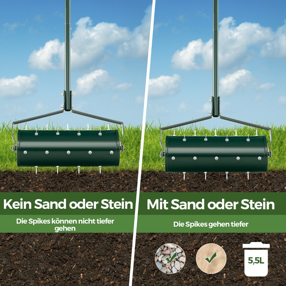 Lawn – Aerator Roller Manual med handtag och spik – 44 x 128 cm – Grön