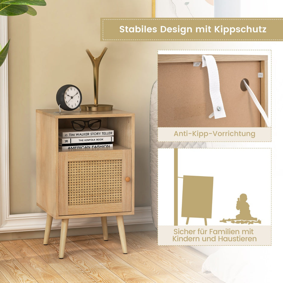 Set – med nattduksbord i rotting förvaringsutrymme öppen hylla och dörr Farmhouse Style Natural – 2 – Natur