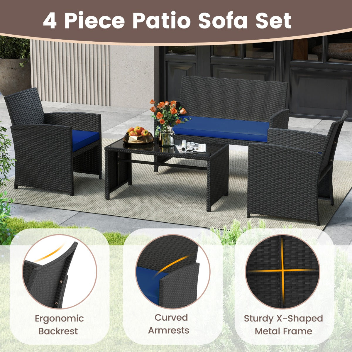 Rattan – trädgårdsmöbel set med stolar och bänk bord kuddar utomhuslounge – 2 – Blå