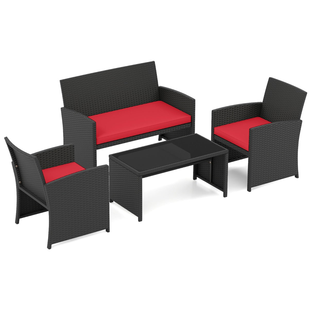 Rattan – trädgårdsmöbel set med stolar och bänk bord kuddar utomhuslounge – 2 – Röd