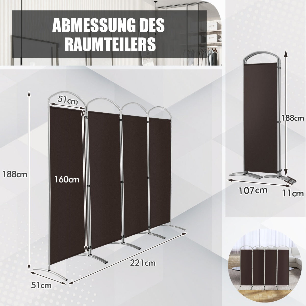 Vikbar – rumsavdelare med paneler Skiljevägg för hem – 4 221 x 51 x 188 cm – Brun