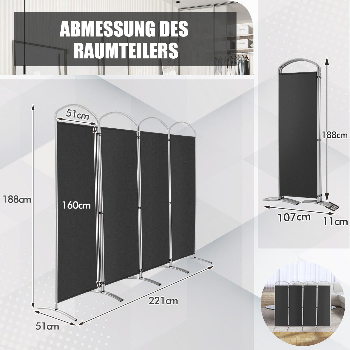 Vikbar – rumsavdelare med paneler Skiljevägg för hem – 4 221 x 51 x 188 cm – Grå