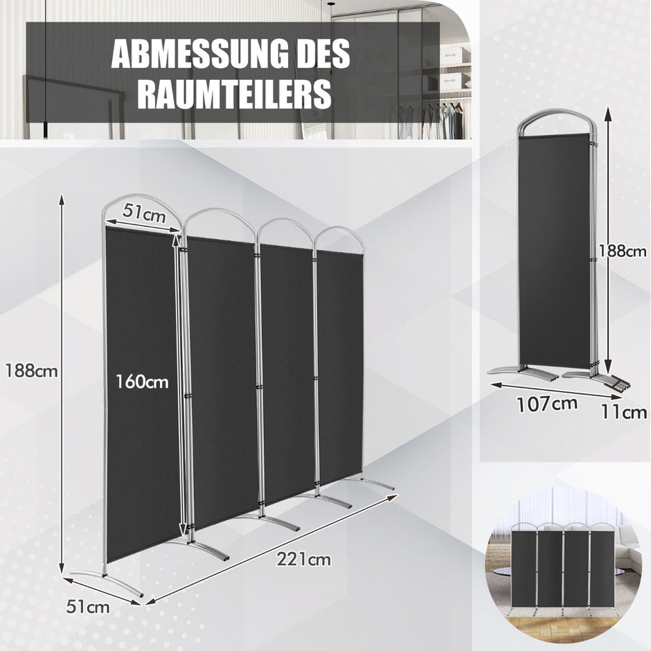 Vikbar – rumsavdelare med paneler Skiljevägg för hem – 4 221 x 51 x 188 cm – Grå