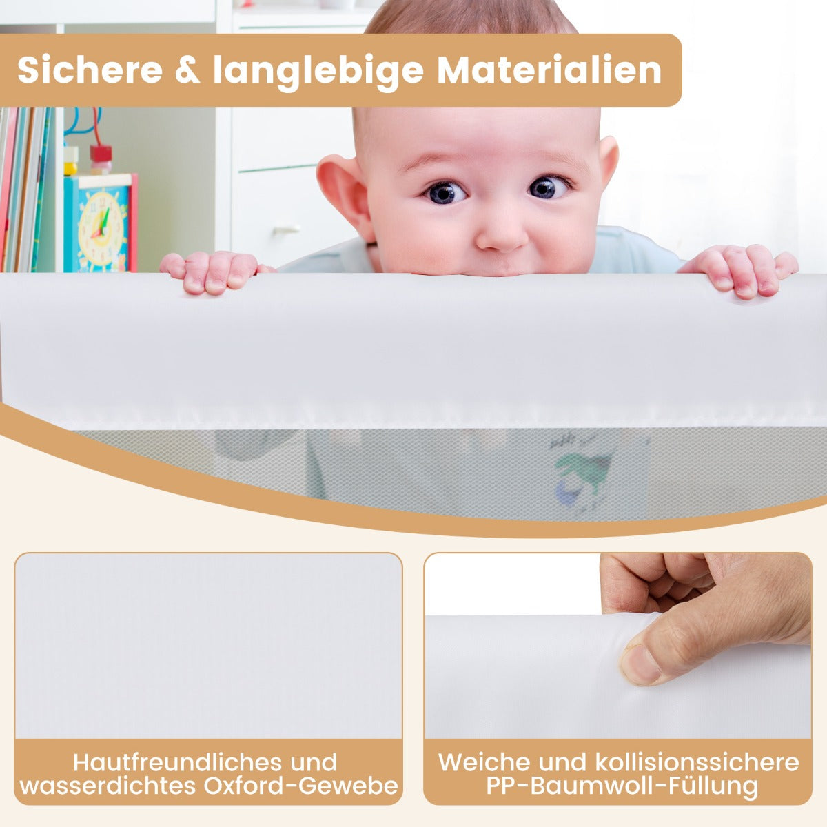 Vikbar – säkerhetsgrind för barnsängar med justerbara remmar – 150 x 40,5 x 42 cm – Vit