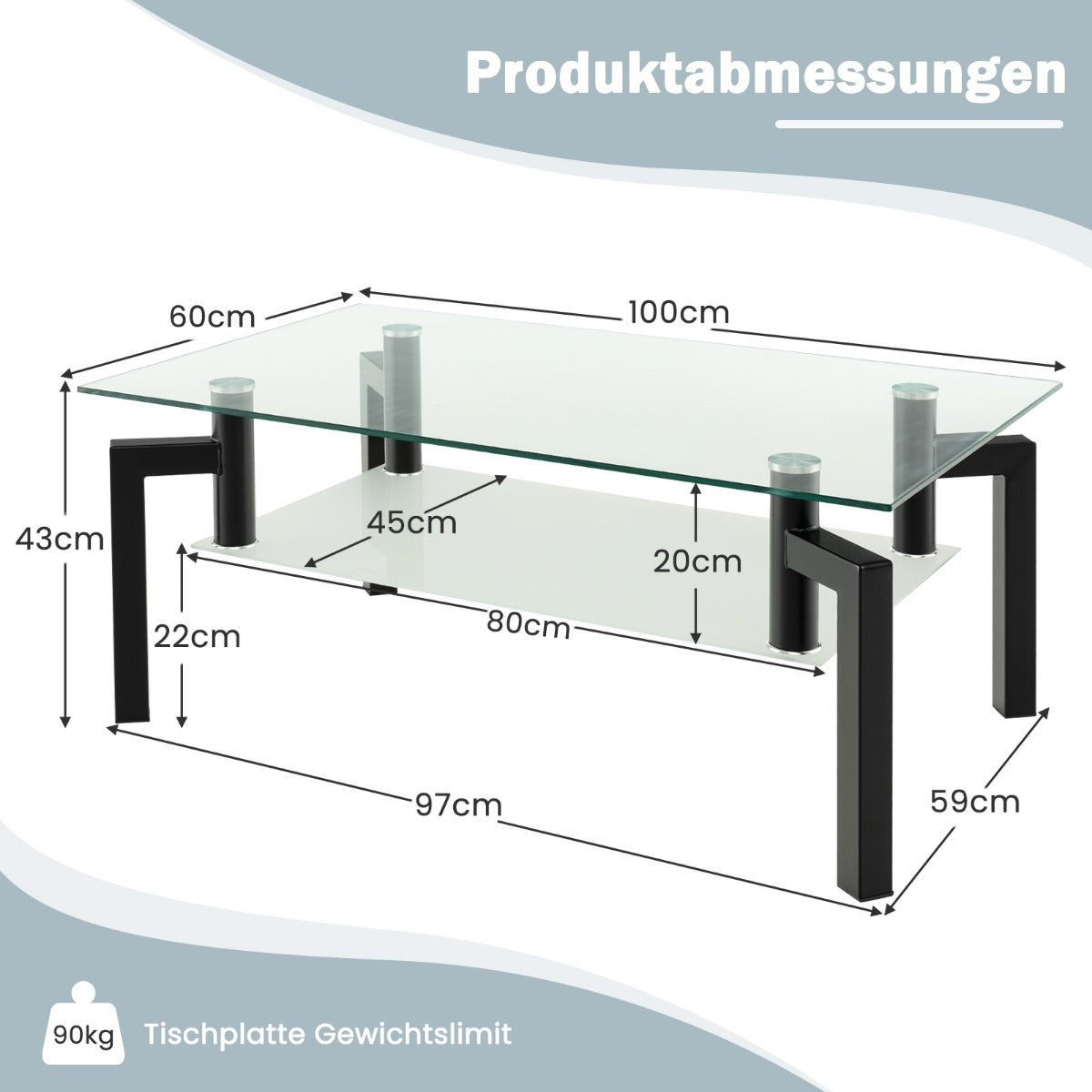 Rektangulärt – soffbord i glas vånings modernt – 2 – Svart