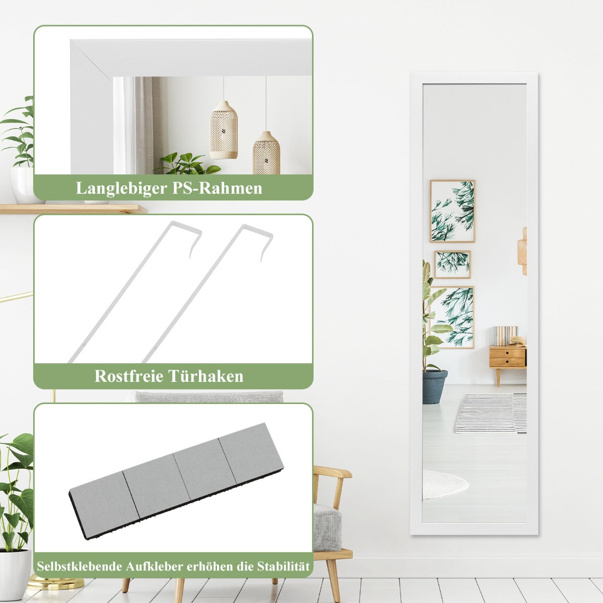 Rektangulär – helkroppsspegel med hängkrok för dörr – 33 x 119 cm – Vit