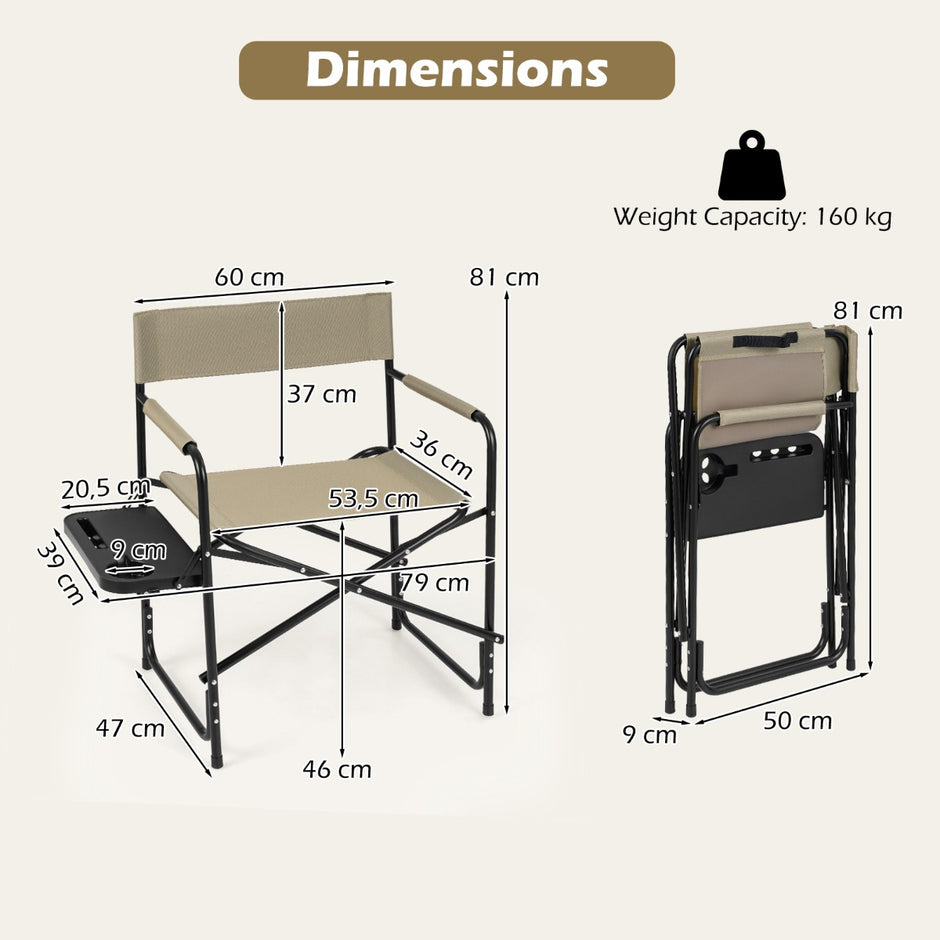 Regissörsstol – Hopfällbar upp till Campingstol med Sidobord Dryckeshållare och Ficka – 150 kg – Brun