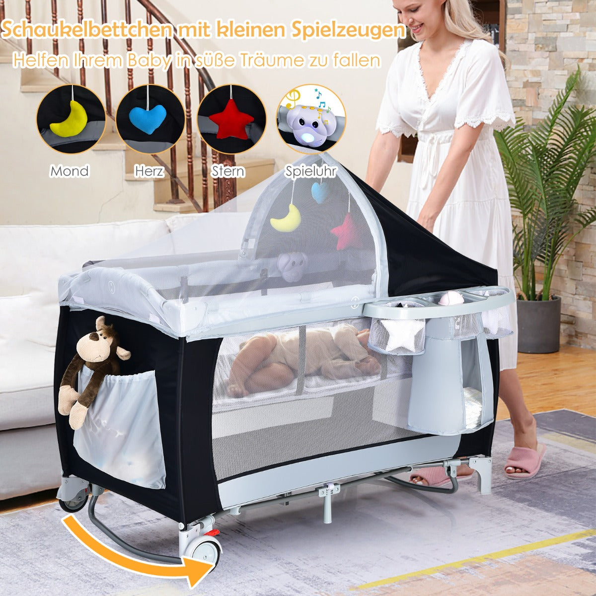 Resesäng – barnsäng baby lekhage gungvagga + väska – Svart