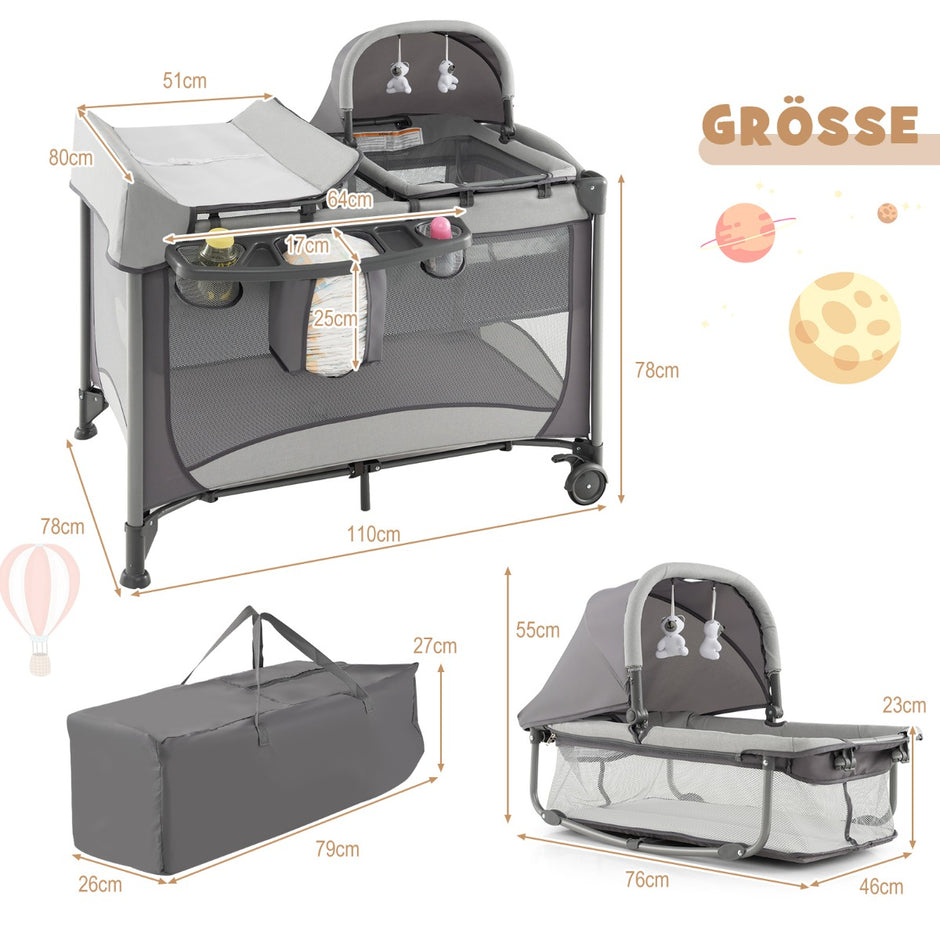 i – mobil babysäng skötbord och vagga med leksaker madrass bärväska – 5 1 – Grå