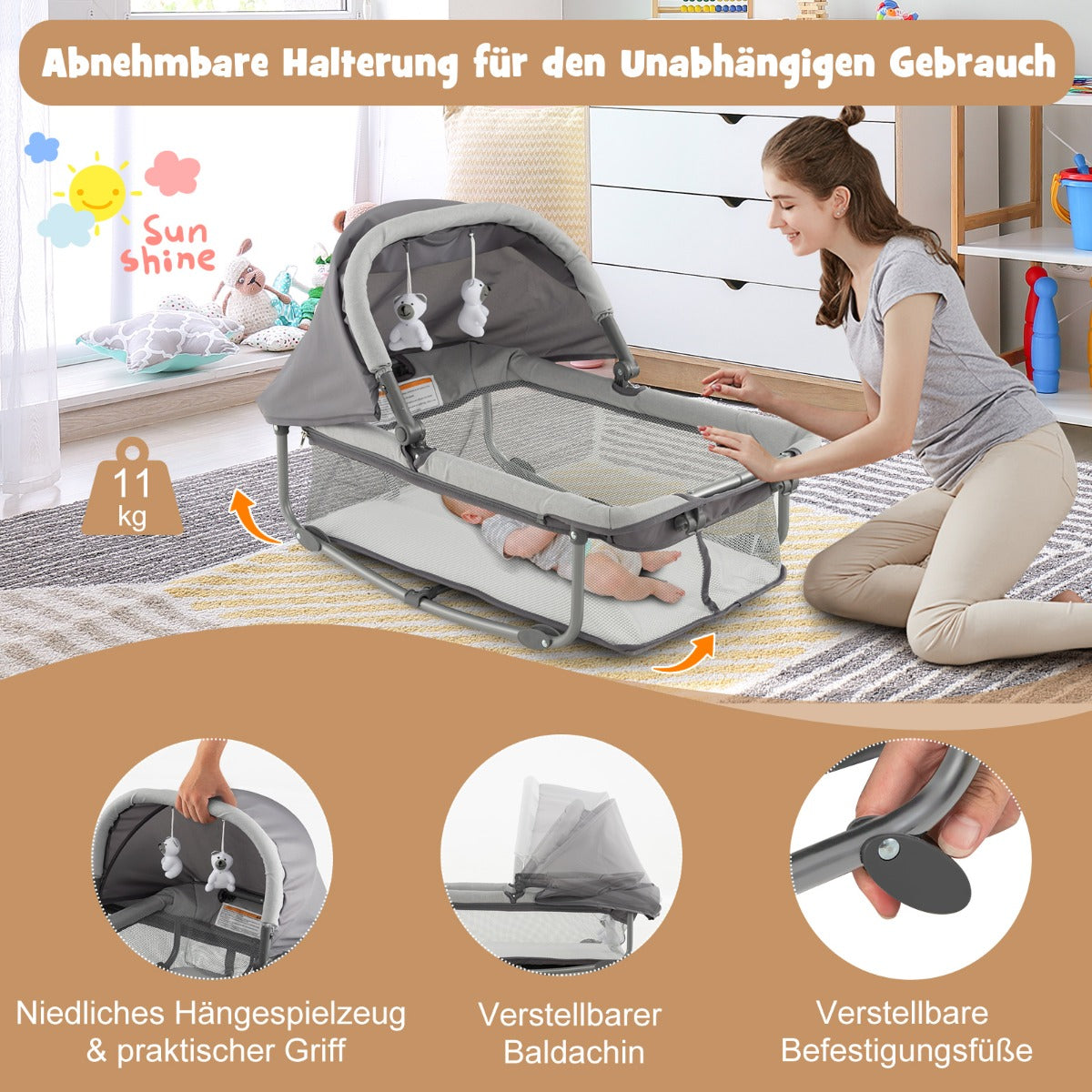 i – mobil babysäng skötbord och vagga med leksaker madrass bärväska – 5 1 – Grå