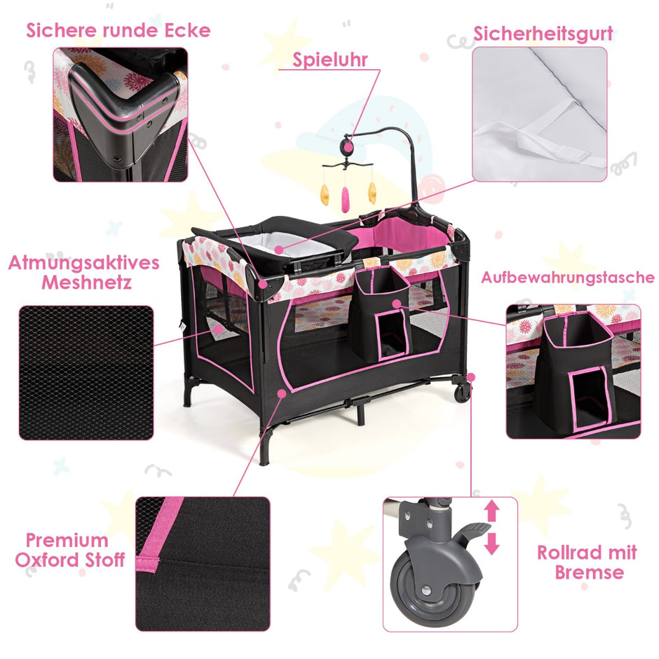 Babysäng – i hopfällbar resesäng och spjälsäng skötbord lekhage +rosa – 4 1 – Svart