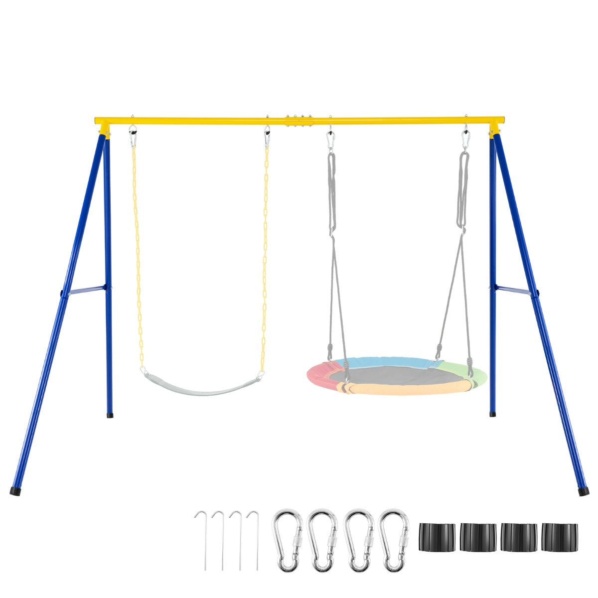 Gungställning – med A ram Dubbelgunga ny extra stark karbinhake + – 249 x 185 x 181,5 cm – Blå och gul