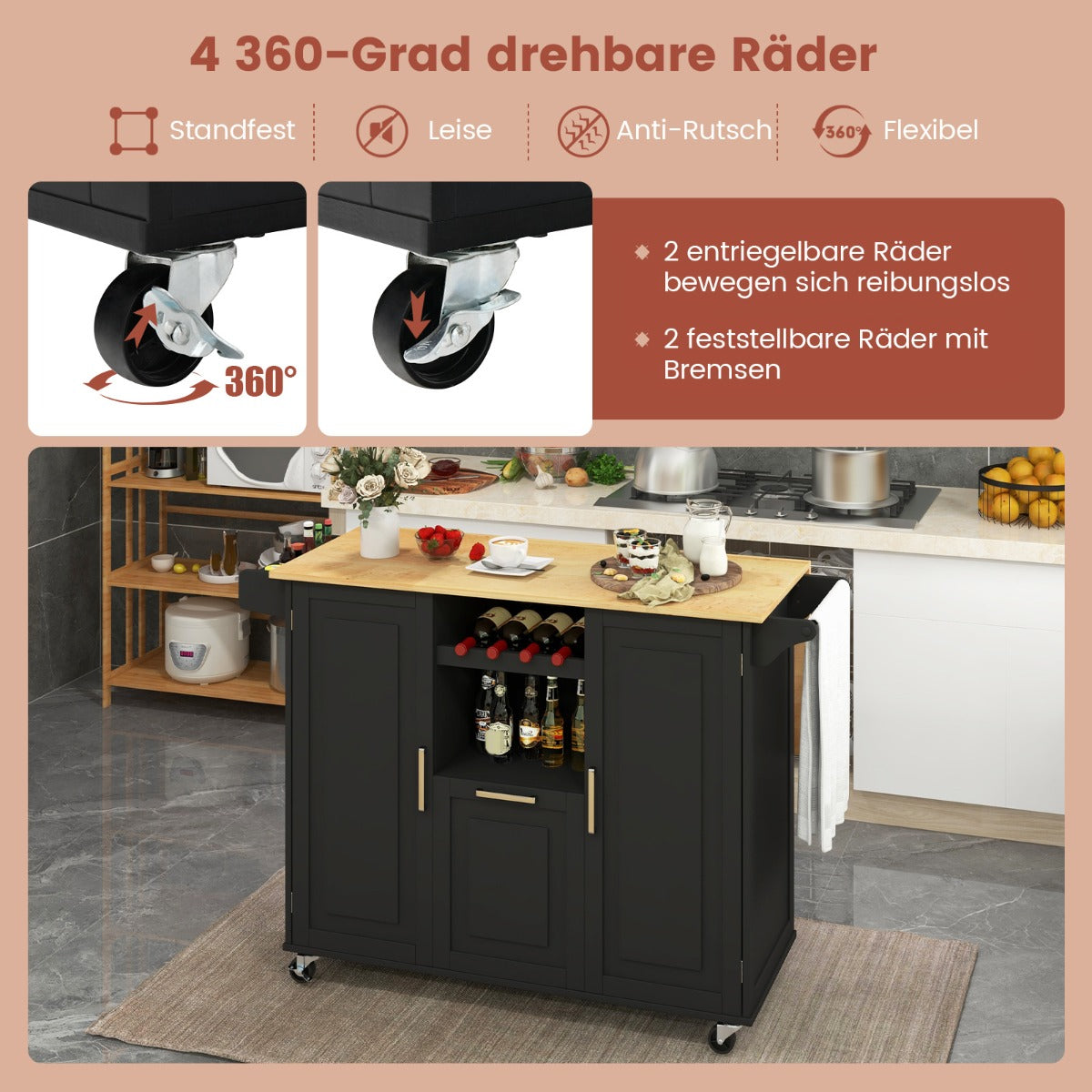 Köksvagn – med hopfällbar bänkskiva och roterande hjul djuplåda Kitchen Island Black – 4 – Svart