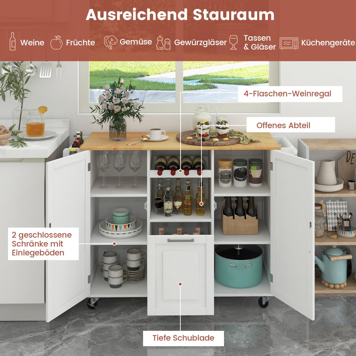 Köksvagn – med hopfällbar bänkskiva och roterande hjul djuplåda Kitchen Island White – 4 – Vit