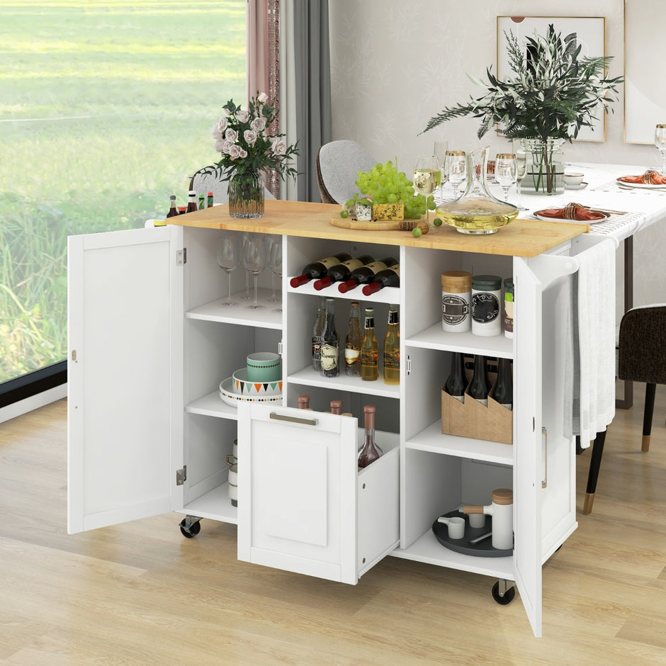 Köksvagn – med hopfällbar bänkskiva och roterande hjul djuplåda Kitchen Island White – 4 – Vit