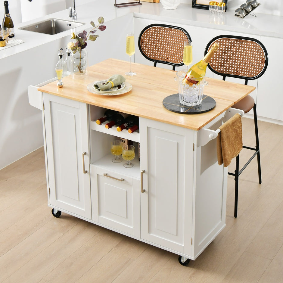 Köksvagn – med hopfällbar bänkskiva och roterande hjul djuplåda Kitchen Island White – 4 – Vit
