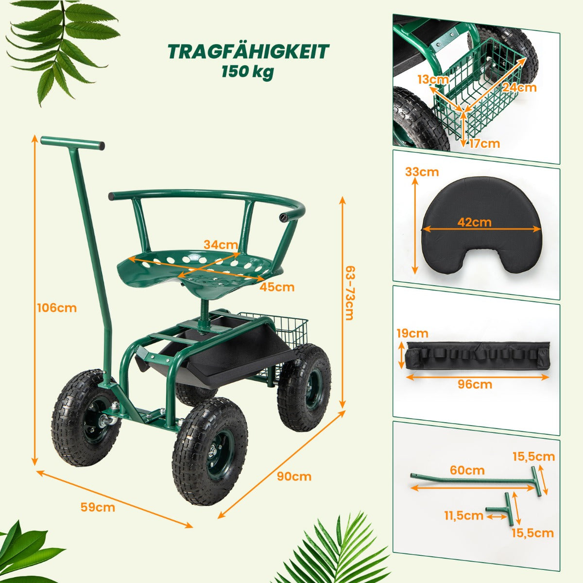 Rullstol – med hjul 360° vridbar höjdjusterbar mobil trädgårdsstol – 90 x 59 x 106 cm – Grön