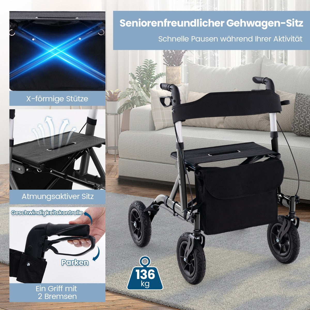 Rollator – hopfällbar och lätt med säte i aluminium upp till i rullstol – 136 kg 2 1 – Svart