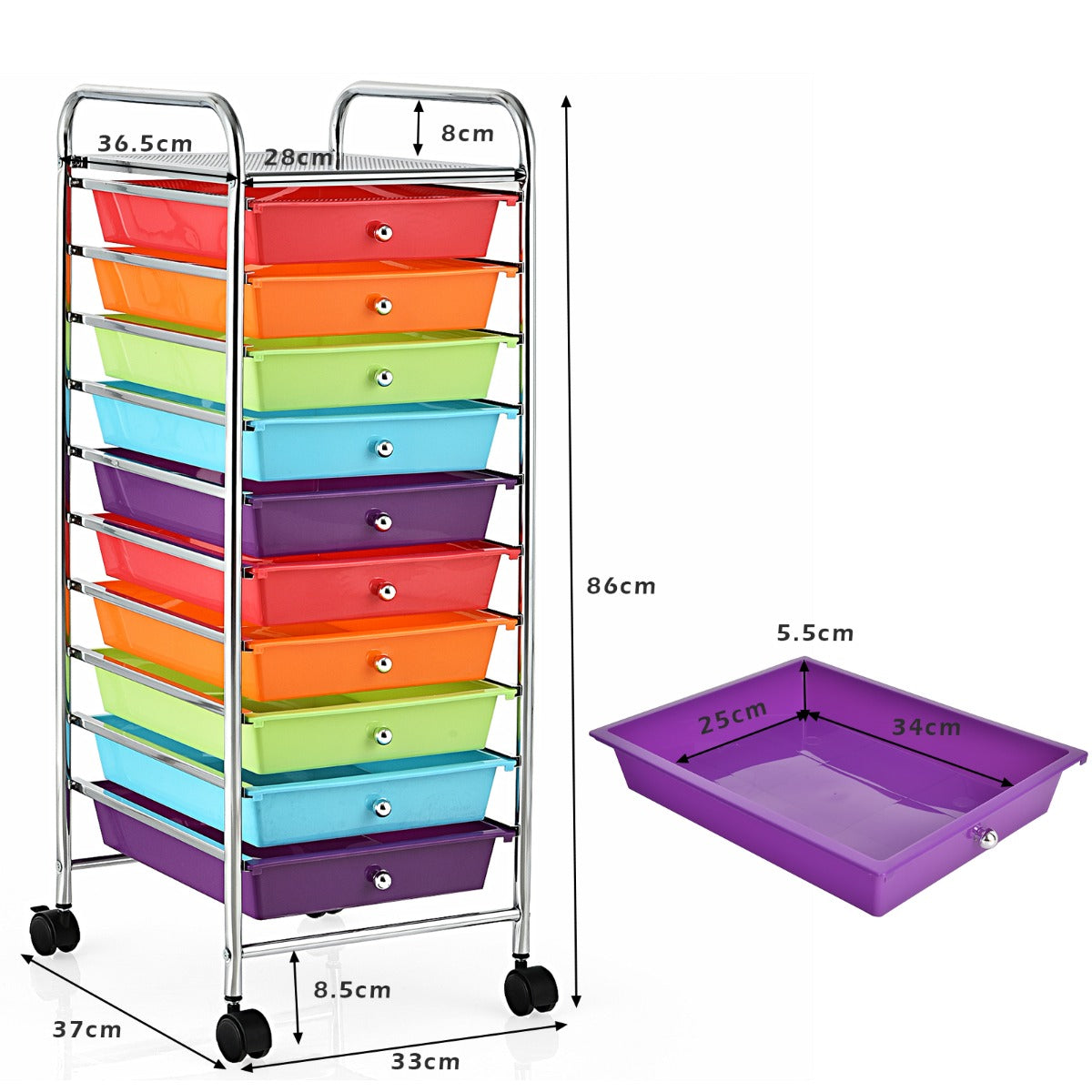 Rullvagn – Badrumsrullcontainer sidovagn med lådor Röd + – 10 33 x 37 x 86 cm – Flerfärgad