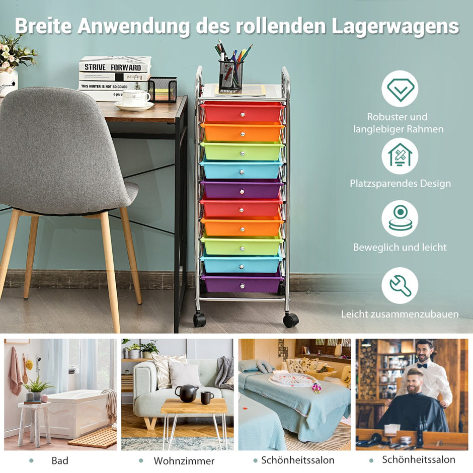 Rullvagn – Badrumsrullcontainer sidovagn med lådor Röd + – 10 33 x 37 x 86 cm – Flerfärgad