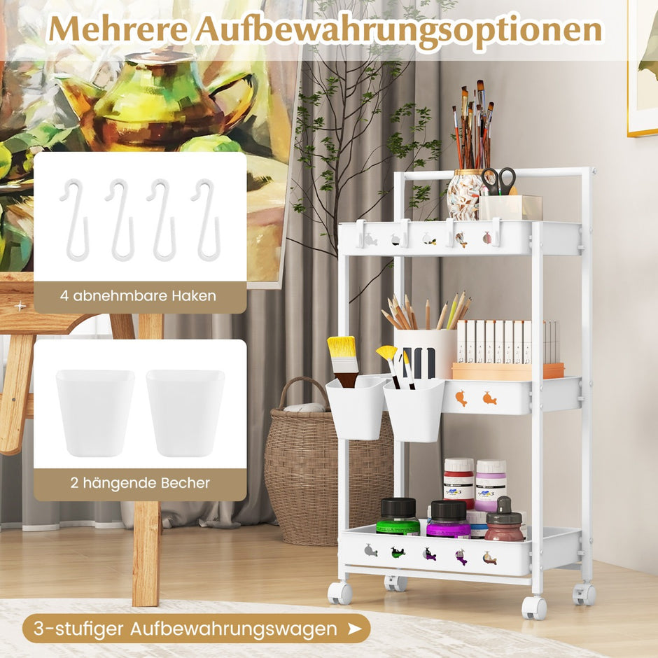 Rullvagn – med nivåer Serveringsvagn hjul Köksvagn hängande koppar – 3 2 42 x 29 x 83 cm – Vit
