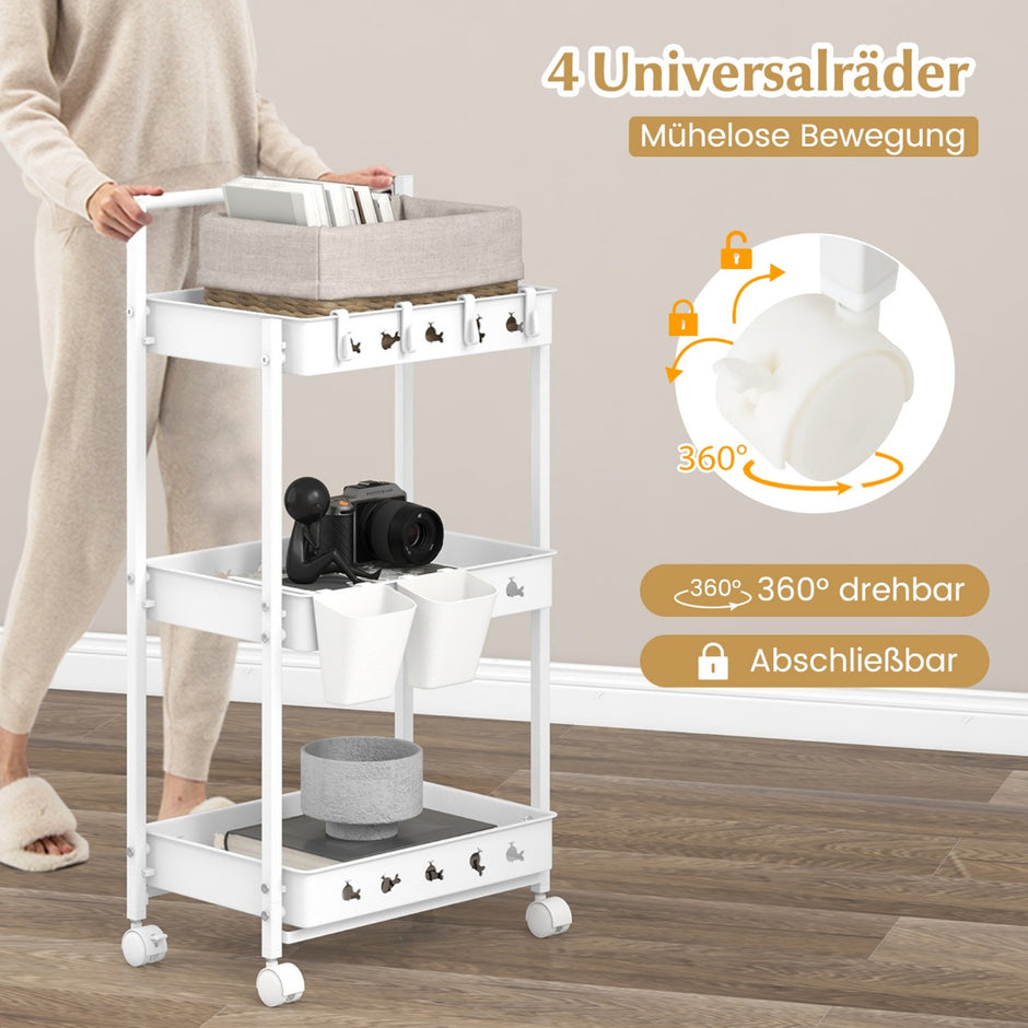 Rullvagn – med nivåer Serveringsvagn hjul Köksvagn hängande koppar – 3 2 42 x 29 x 83 cm – Vit