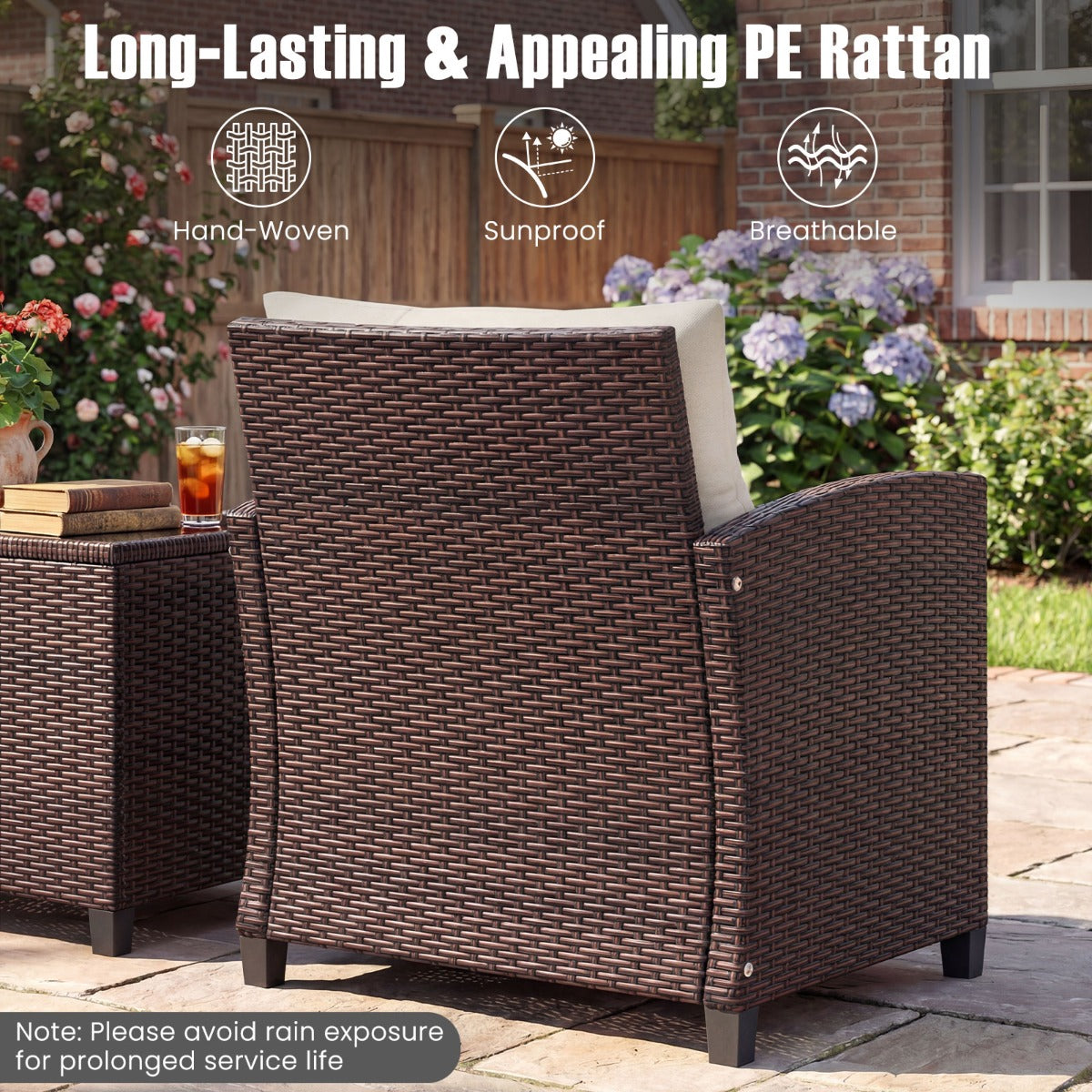 delat – set Polyrattan Lounge Trädgårdsmöbler Rotting Sittgrupp med sittkuddar och Soffbord – 3 – Beige