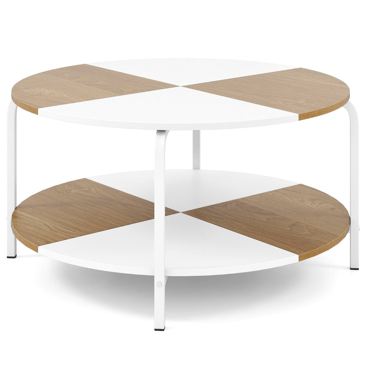Runder – Couchtisch, Ablagefach, Metallgestell, Hölzerner Akzenttisch, Cocktailtisch, Weiß – Natur + vit