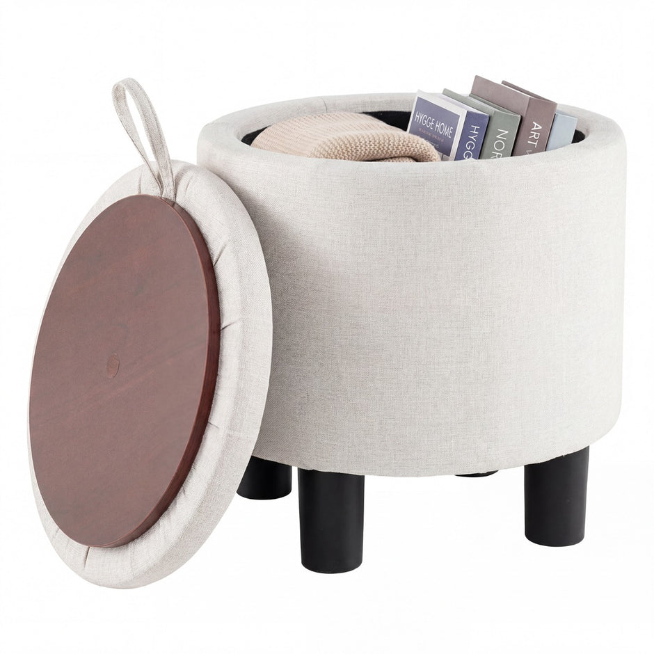 Rund – sittpall i linne cm, vadderad fotpall med förvaring – Ø 38 – Beige