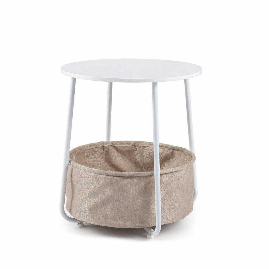Rund – sidobord med förvaringskorg Litet soffbord Modernt Nattduksbord Vitt – Vit