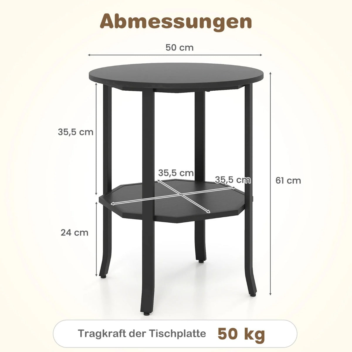 Rund – sidobord stegs med förvaringsfack Industriellt accentbord Nattduksbord – 2 – Svart