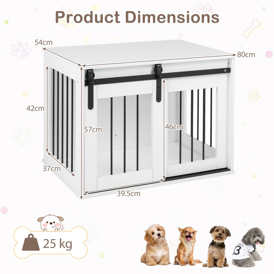 Tung – hundbox med skjeddörr i ladustil, hundbur som möbel och sidobord – 80 cm – Vit