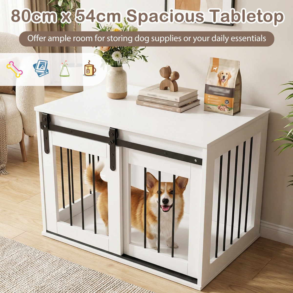 Tung – hundbox med skjeddörr i ladustil, hundbur som möbel och sidobord – 80 cm – Vit