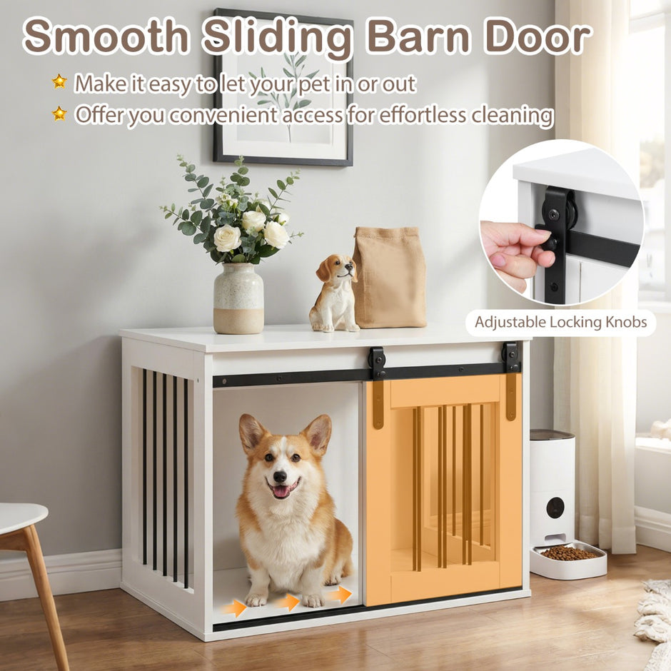 Tung – hundbox med skjeddörr i ladustil, hundbur som möbel och sidobord – 80 cm – Vit