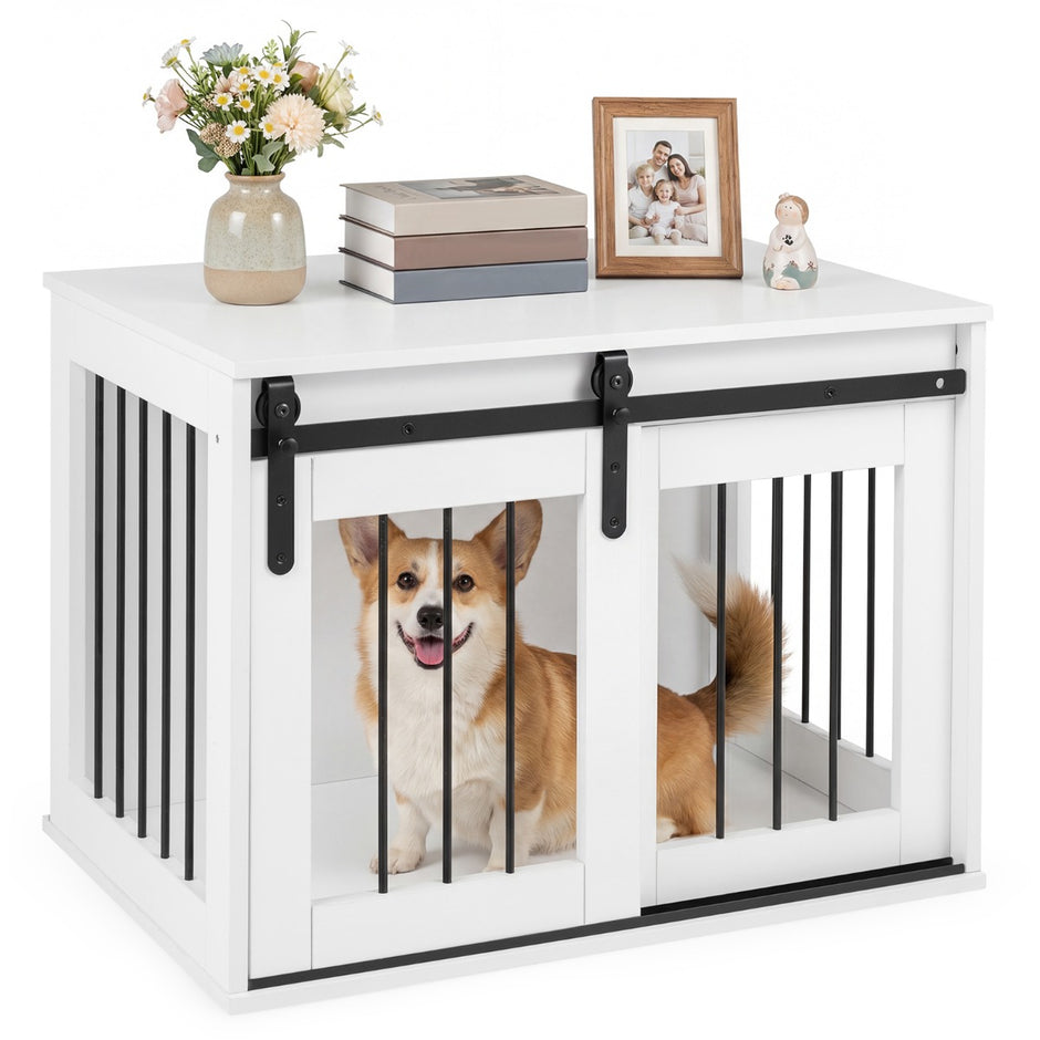 Tung – hundbox med skjeddörr i ladustil, hundbur som möbel och sidobord – 80 cm – Vit