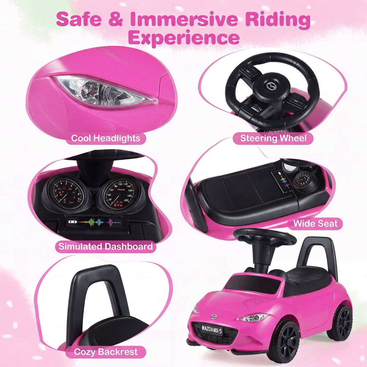 Rutschauto – mit Licht och Kippschutz Stauraum unter dem Sitz Rutschfahrzeug Kinderfahrzeug – Rosa