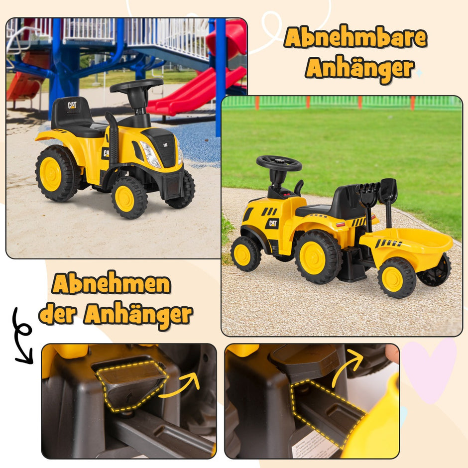 Åktraktor – för barn med avtagbar släpvagn och skovel Walker licensierad Caterpillar fordon – Gul