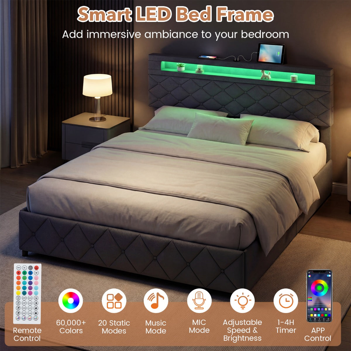 Stoppad – säng med LED belysning, laddstation (2 USB uttag), lådor, grått. – 160 x 200 cm – Grå