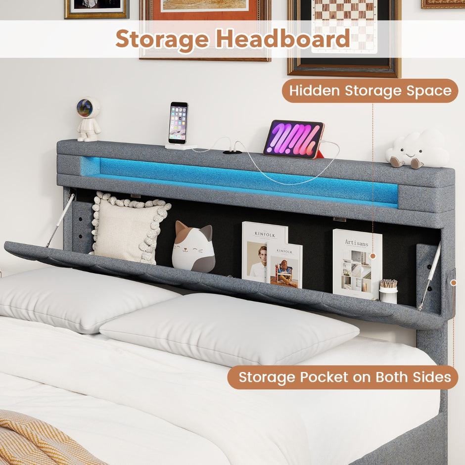 Stoppad – säng med LED belysning, laddstation (2 USB uttag), lådor, grått. – 160 x 200 cm – Grå