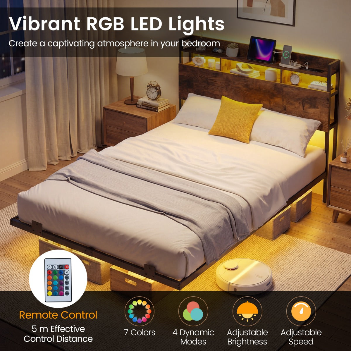 Dubbelsäng – med LED belysning och laddstation Förvaringsgavel ribbotten, – 160 cm – Rustik brun