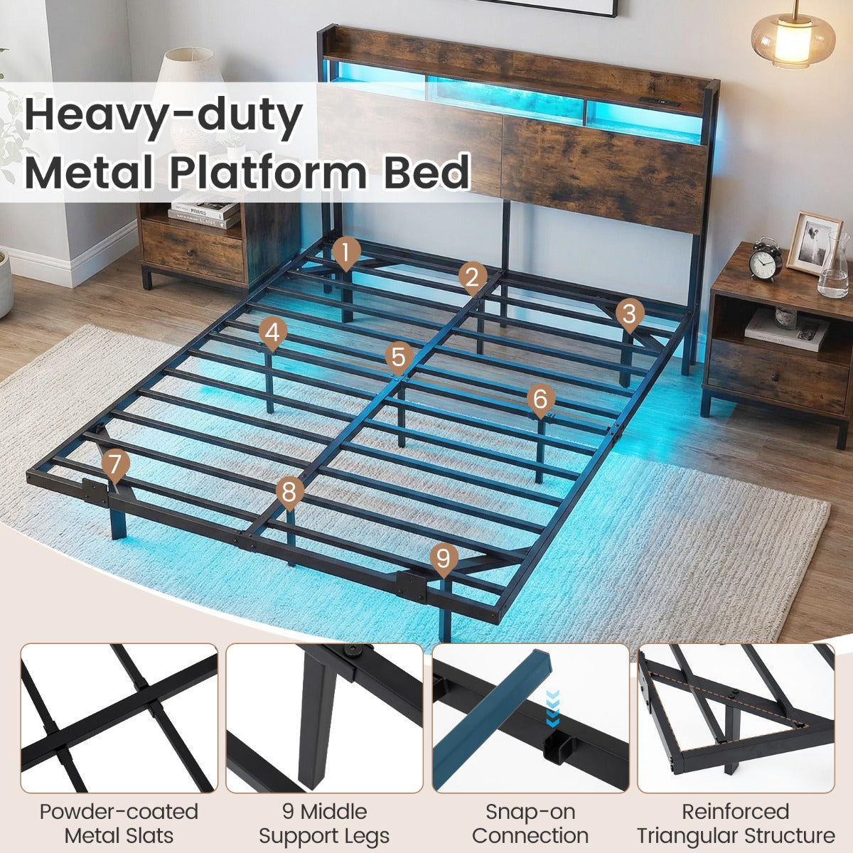 Dubbelsäng – med LED belysning och laddstation Förvaringsgavel ribbotten, – 160 cm – Rustik brun