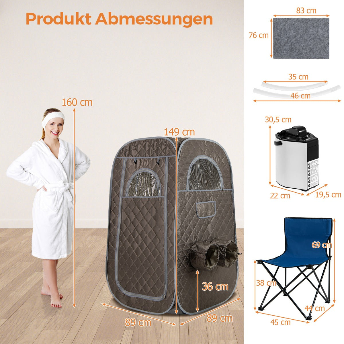 Bärbar – ångbastu Hembastu för personer med liters ånggenerator – 1-2 3 89 x 89 x 149 cm – Grå