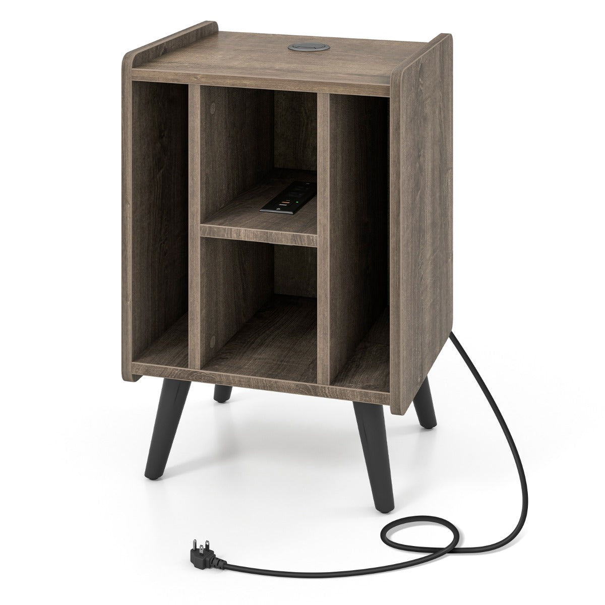 Skivspelarställ – med laddstation och öppna hyllor Vinylskivor Skivspelare Bord – 4 – Grå