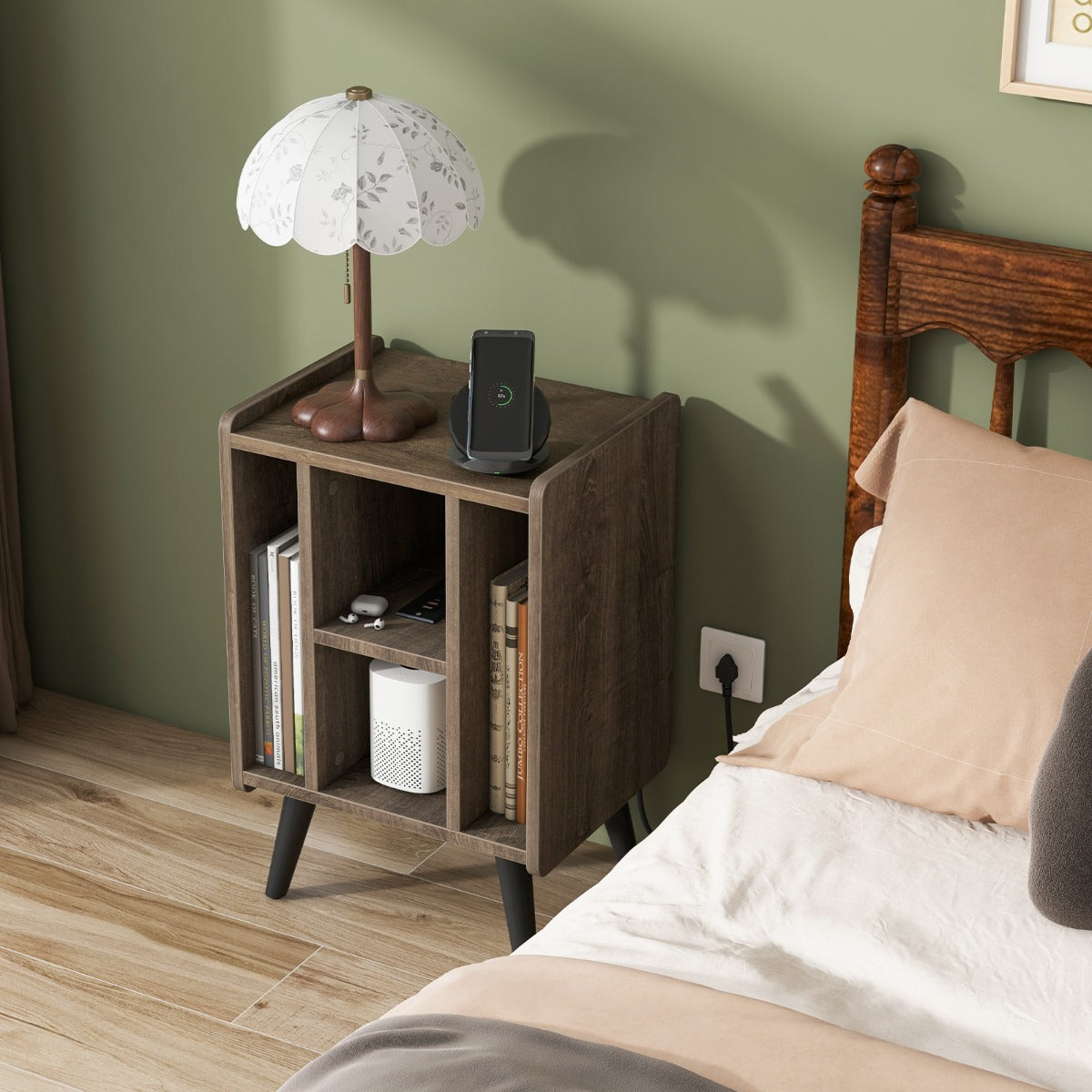 Skivspelarställ – med laddstation och öppna hyllor Vinylskivor Skivspelare Bord – 4 – Grå