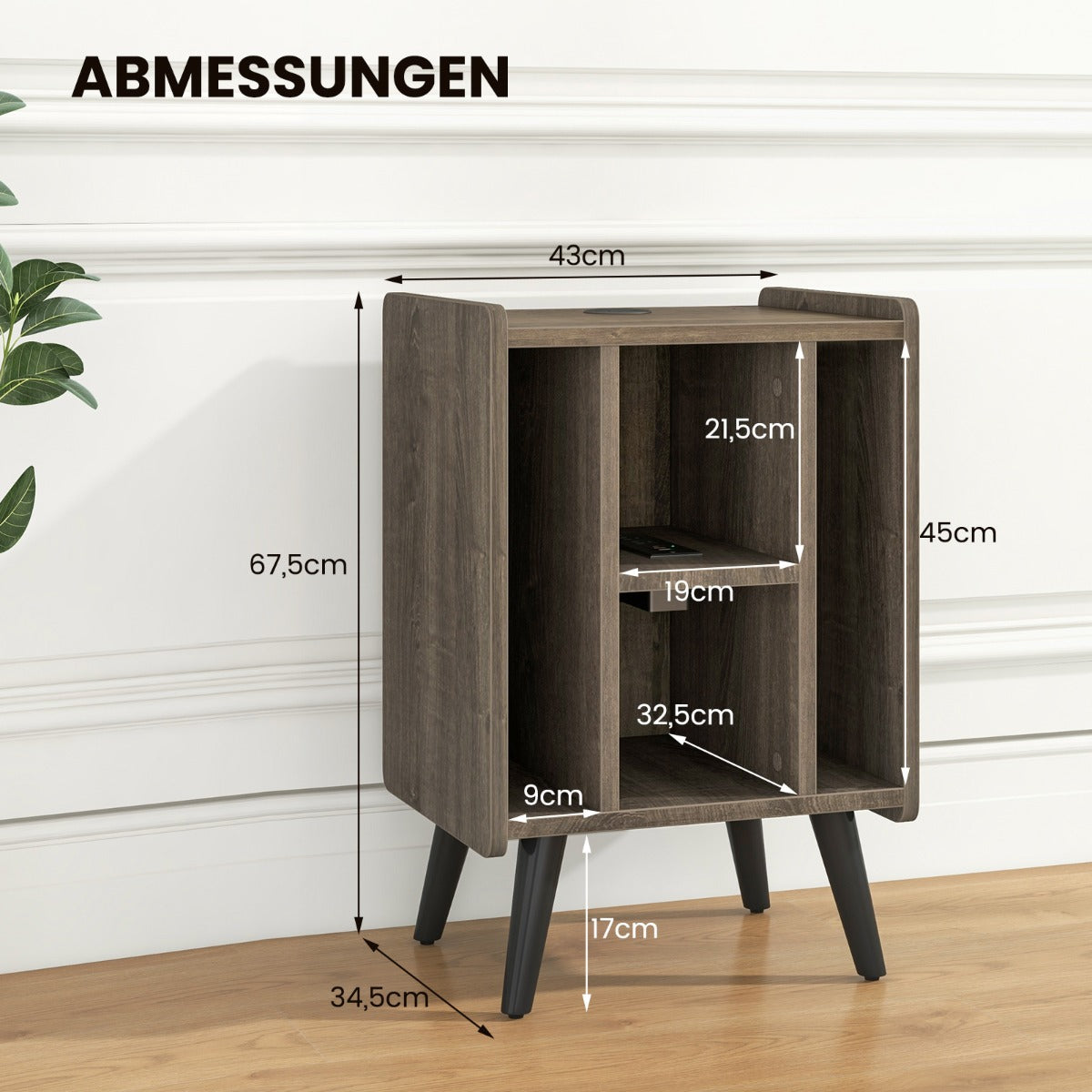 Skivspelarställ – med laddstation och öppna hyllor Vinylskivor Skivspelare Bord – 4 – Grå