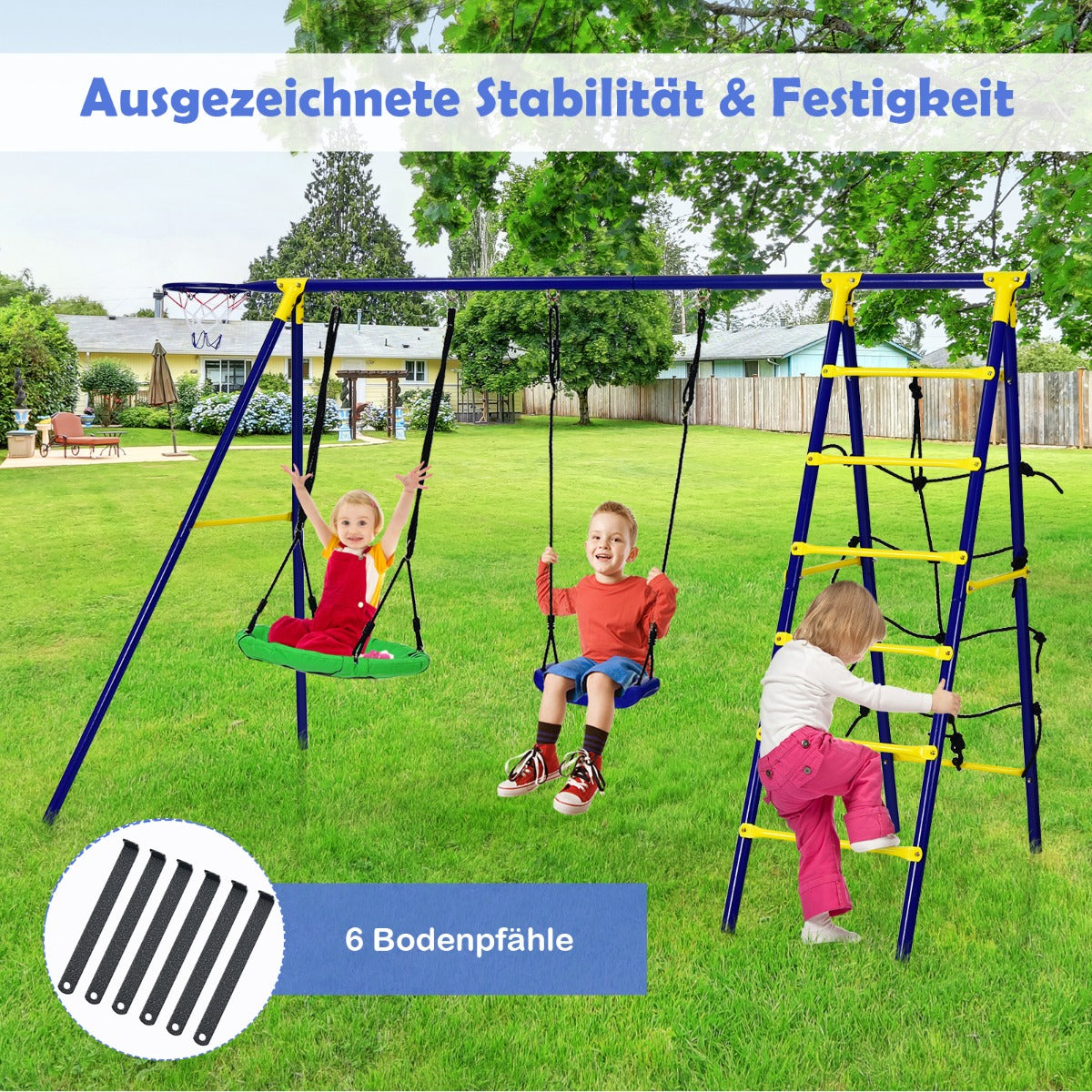 i – gungor med basketkorg, klätternät och klätterstege, klättring gungkombination – 5 1 2 – Blå