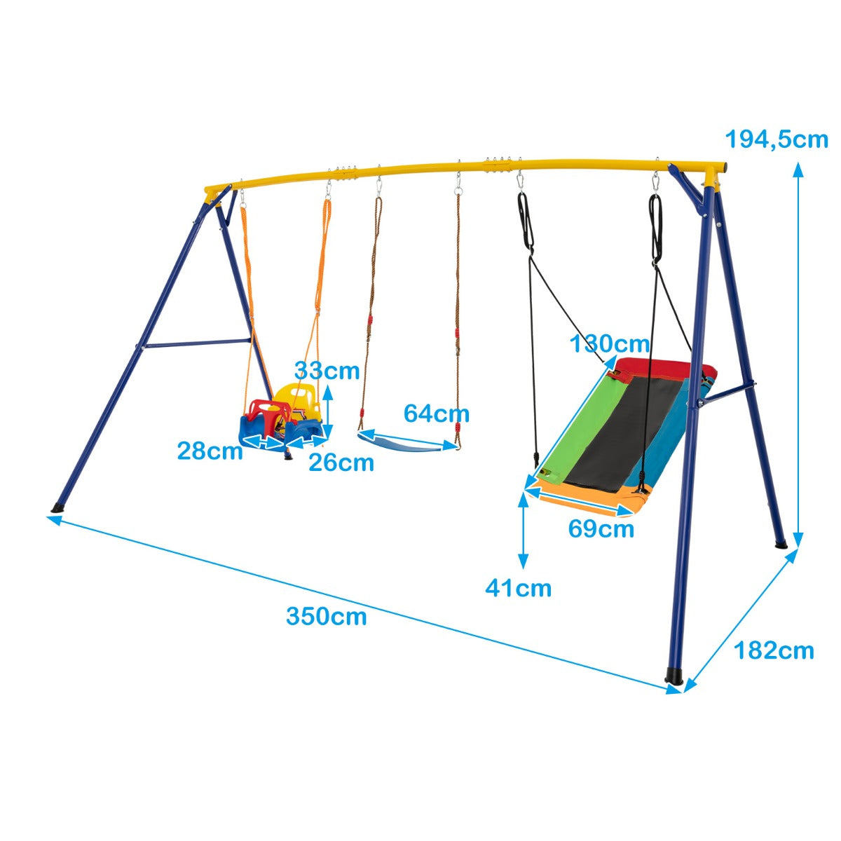 Gungställning – med bo elastisk barngunga och babygunga gul + – 350 x 182 x 195 cm – Färgglad
